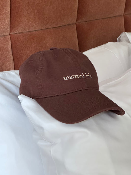 Brown hat with "Married Life" Embroidery