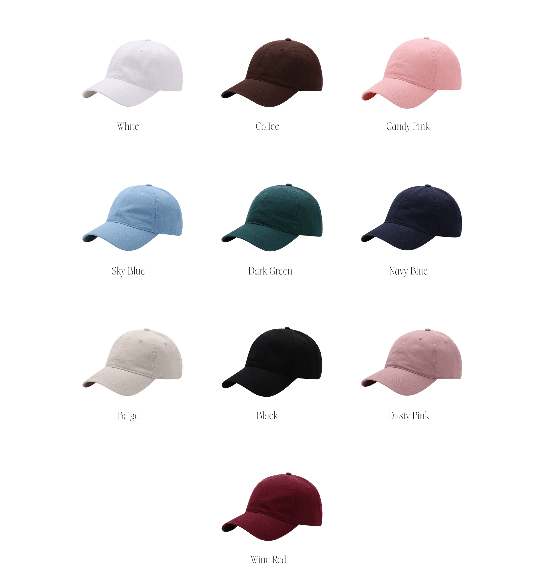 10 różnych kolorów czapek: biały, brazowy, jasny różowy, niebieski, zielony, granatowy, beżowy, czarny, purdrowy róż, winny.