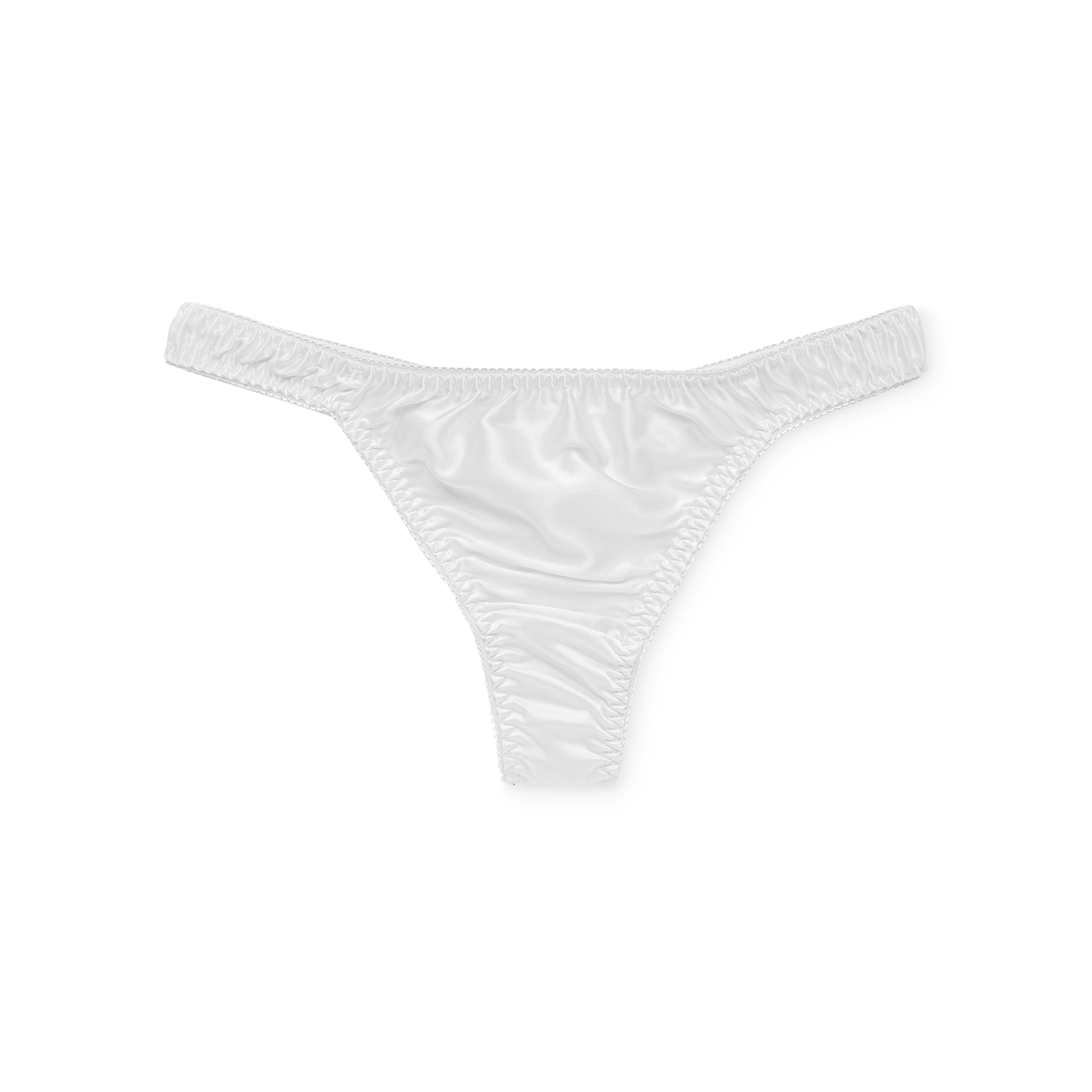 Białe jedwabne stringi, na których pokazana jest Twoja personalizacja.