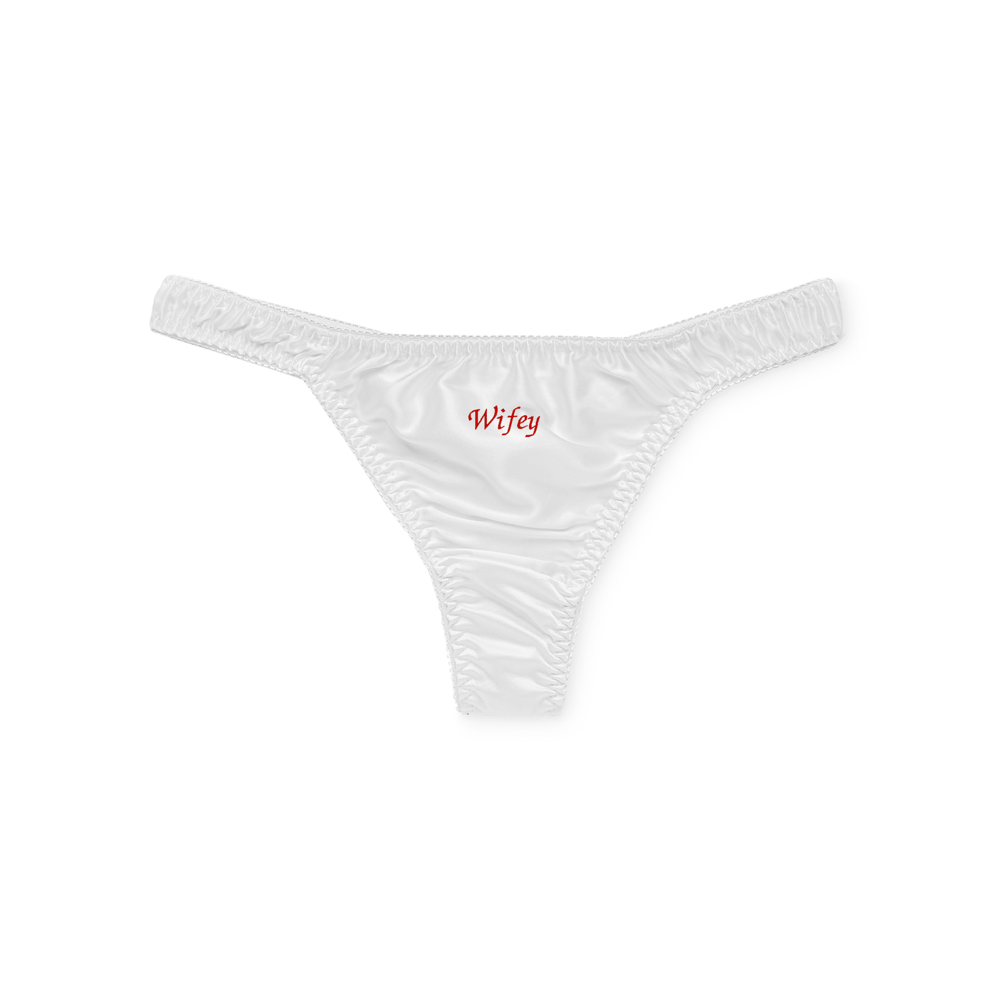 Białe jedwabne stringi z haftem Wifey