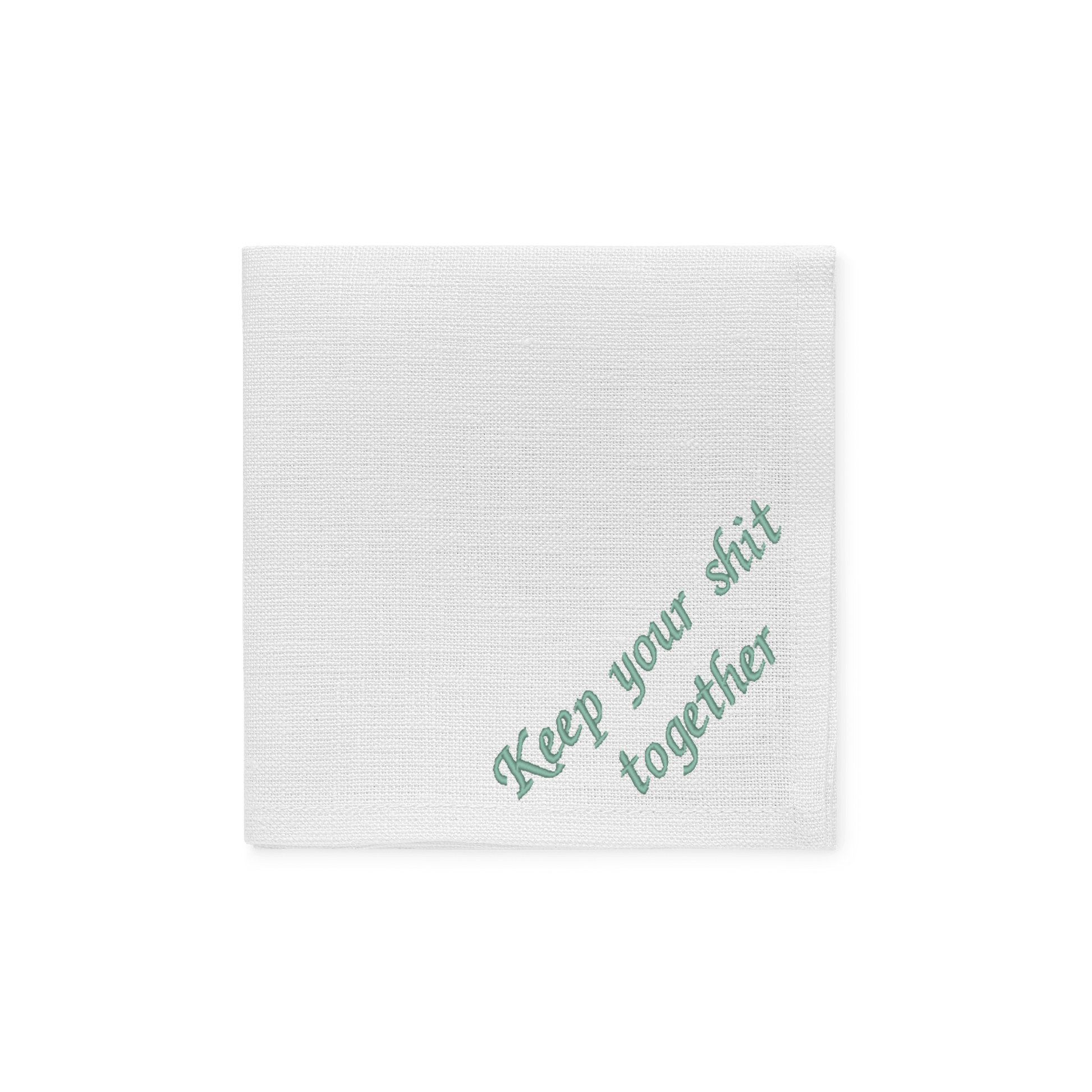 Lniana chusteczka z napisem „keep your shit together” w kolorze szałwiowym.
