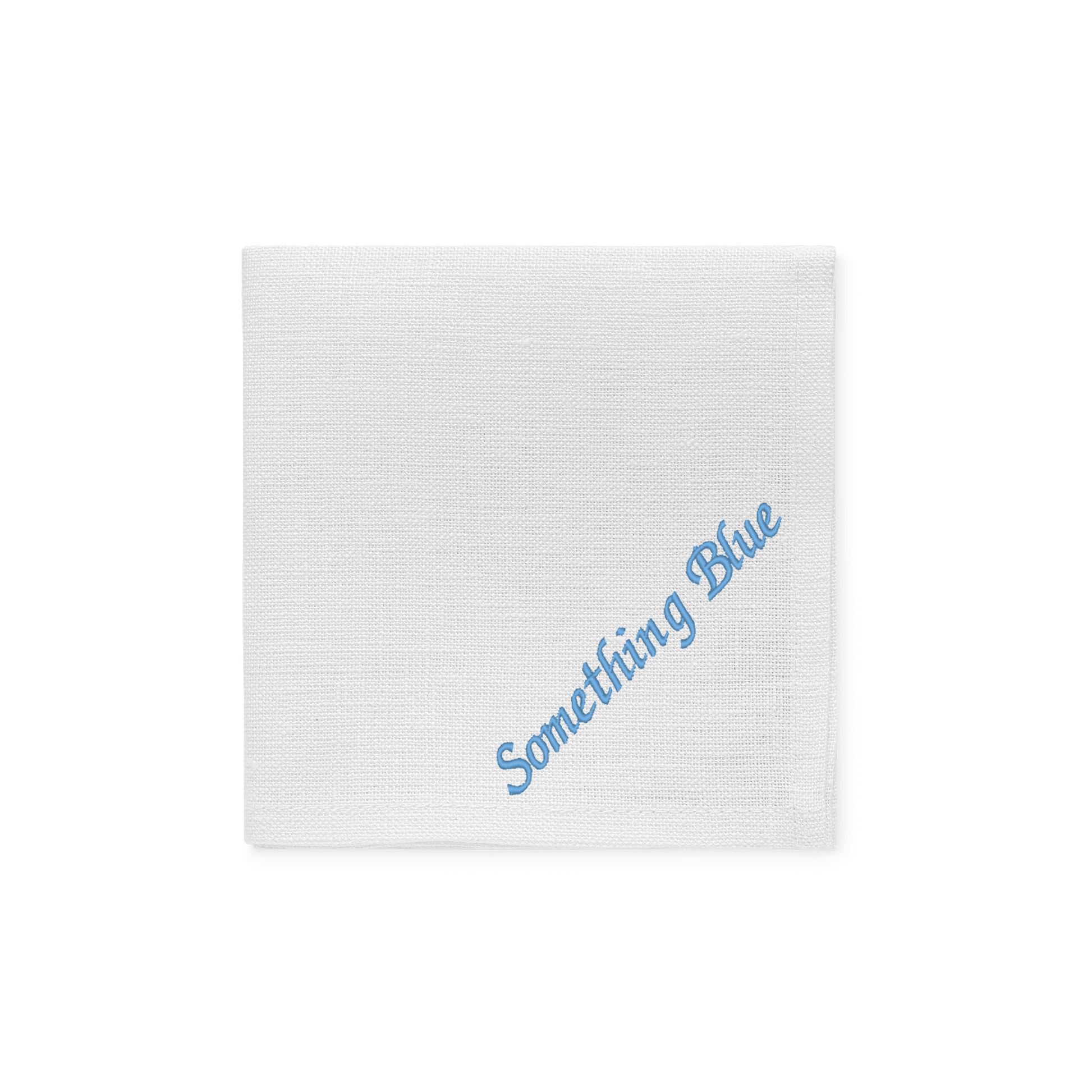 Lniana chusteczka z napisem „Something Blue” w kolorze jasno niesbieskim.