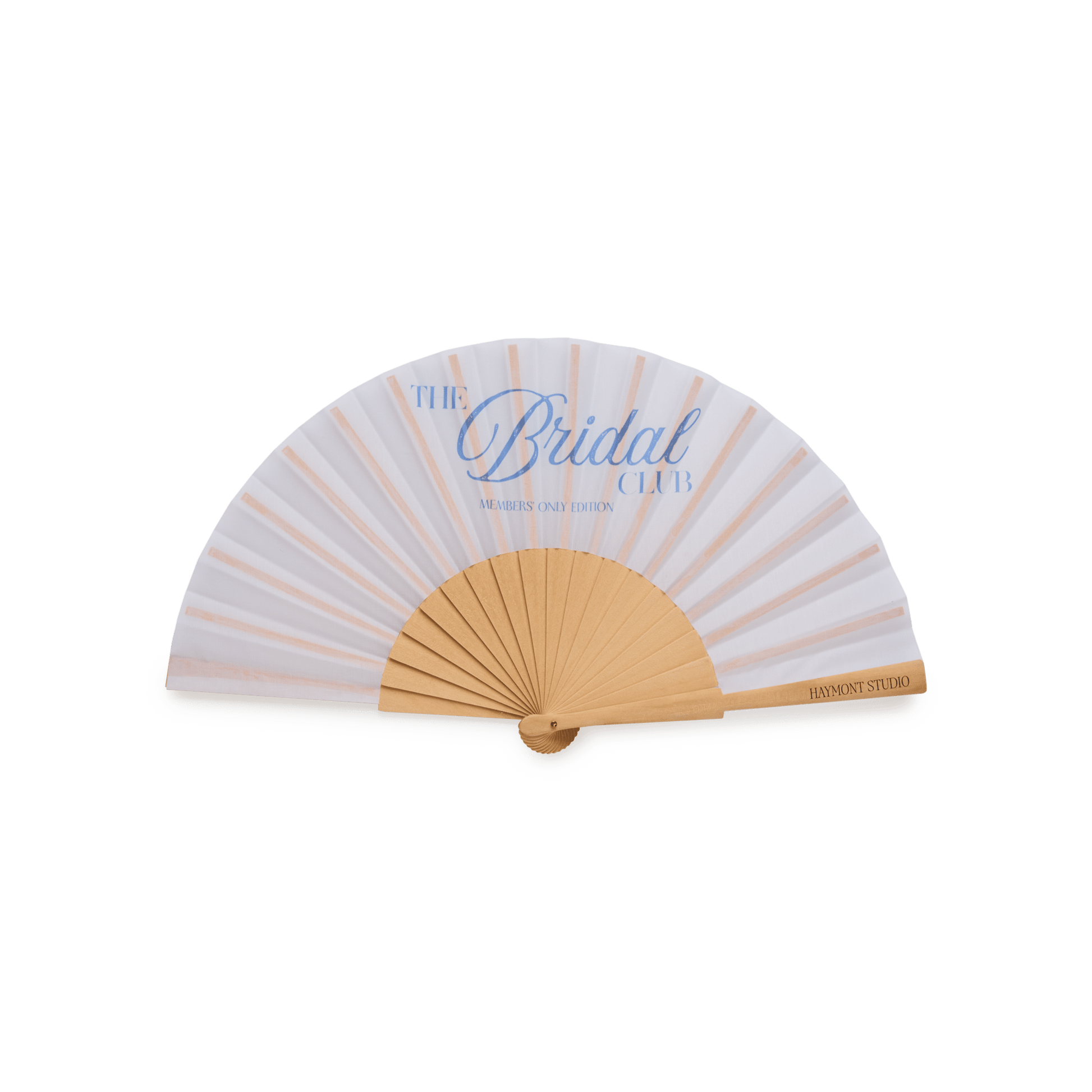 White fan with blue writing "The bridal club"