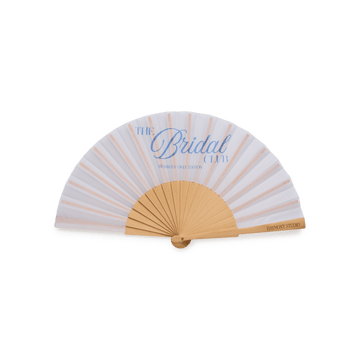 White fan with blue writing "The bridal club"